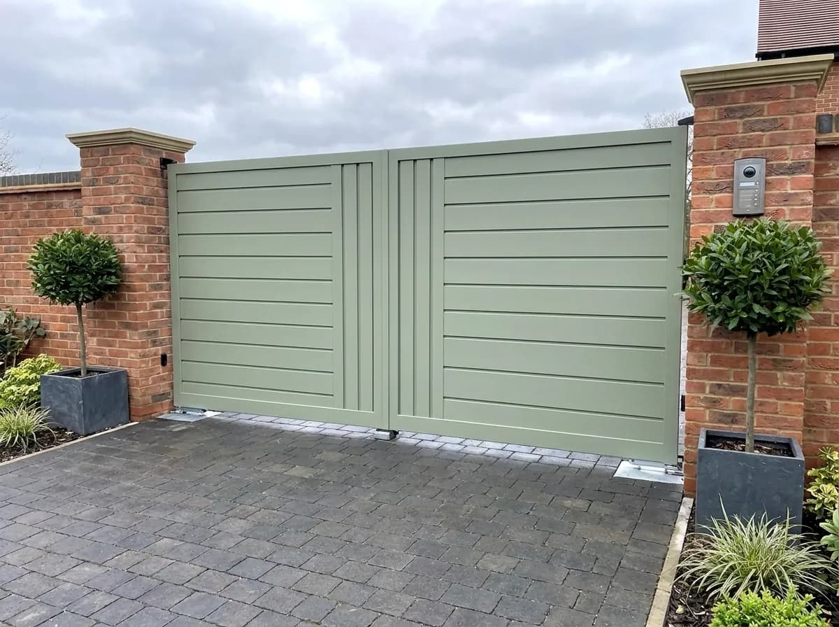 Modern light green automatic driveway gate between brick pillars with block paving.