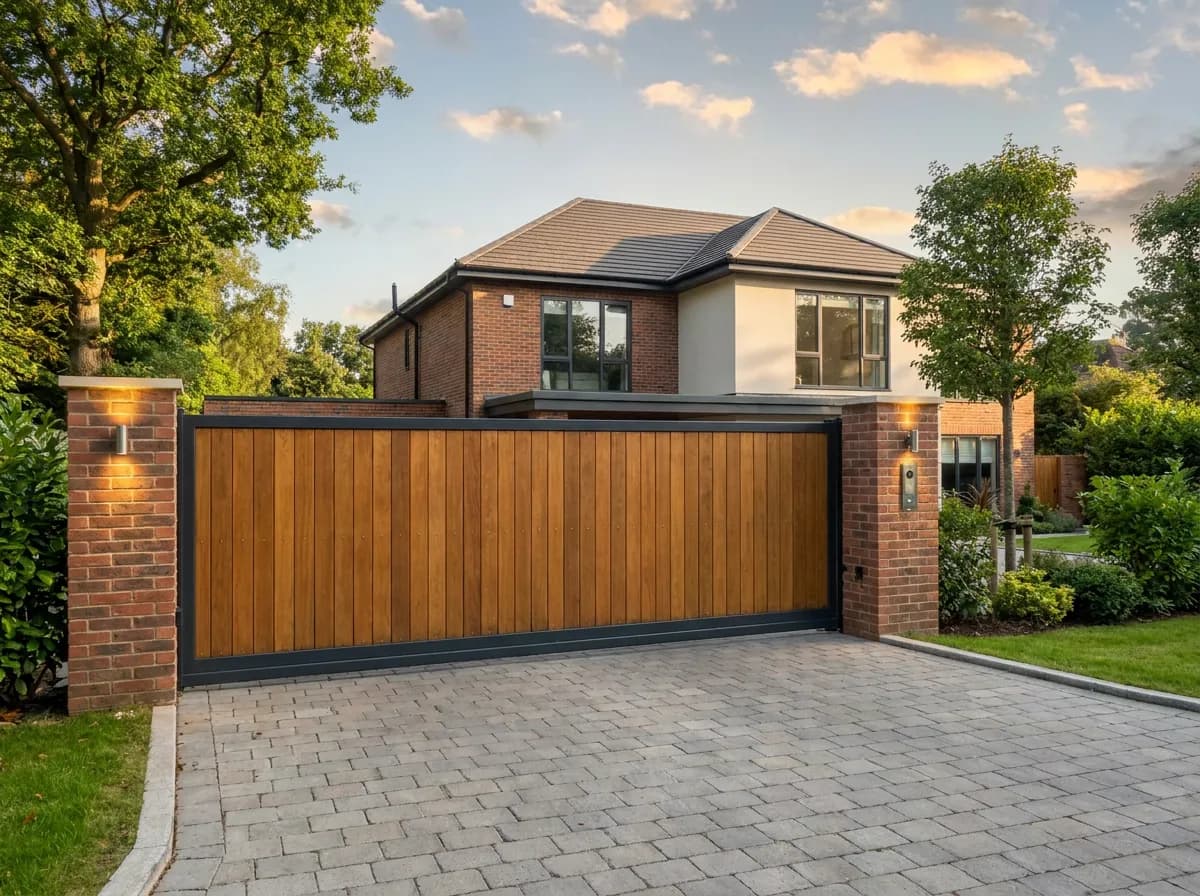 A modern house with a large wooden sliding gate, brick pillars, and a block paved driveway under a cloudy sky.